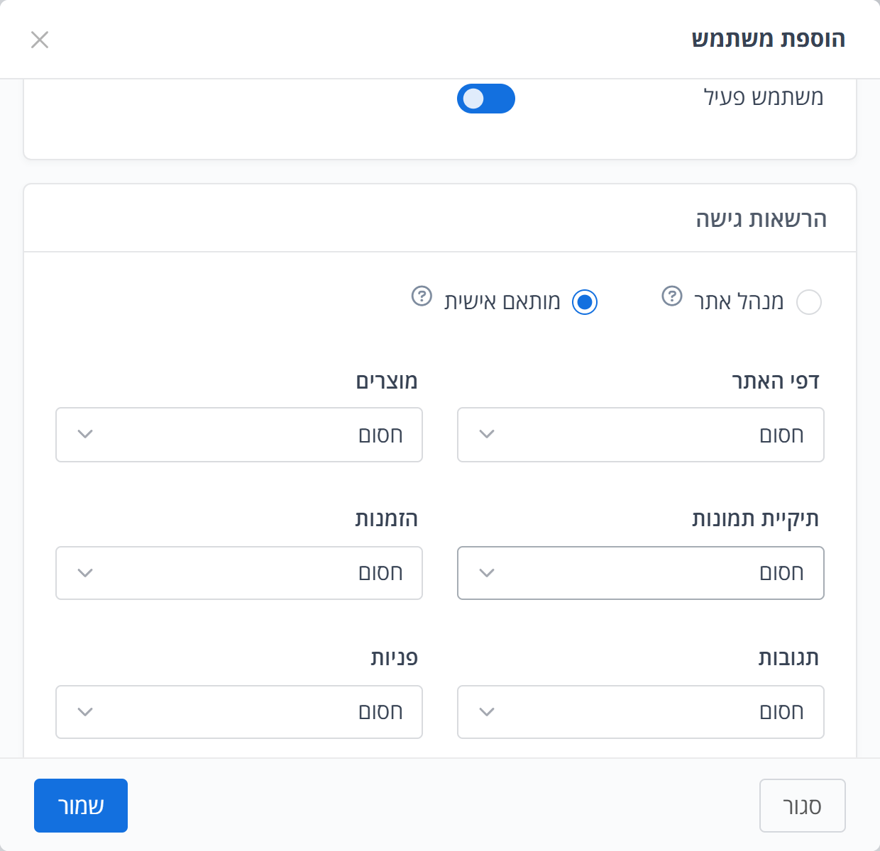 הוספת משתמש: פרטים, משתמש פעיל והרשאות מותאמות אישית