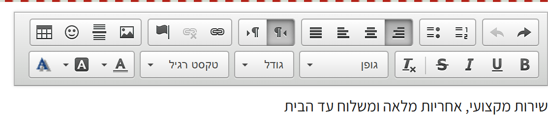 סרגל הכלים של עריכת הטקסט בעורך הגרירה